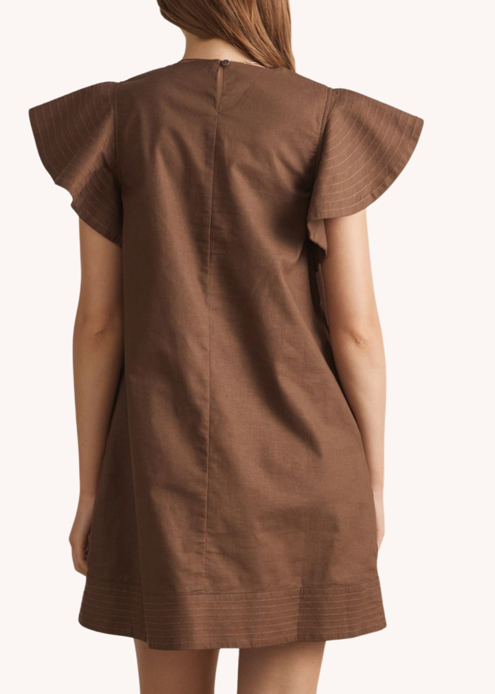 Lola Flutter Sleeve Dress in Brown