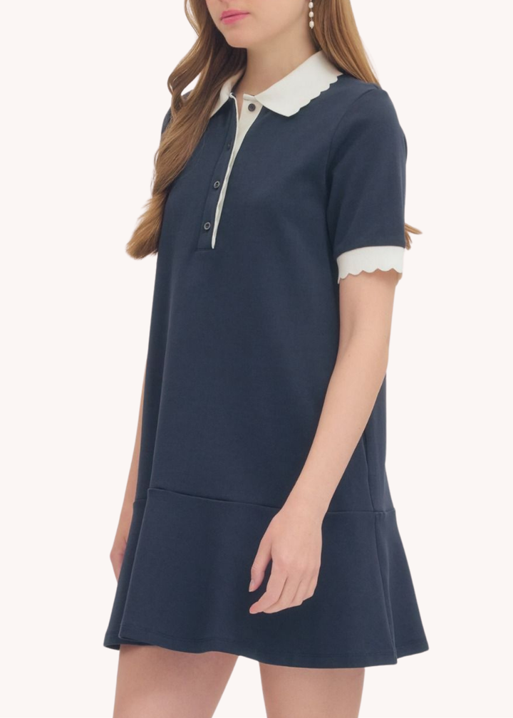 Celia Scalloped Cotton Mini Dress in Navy