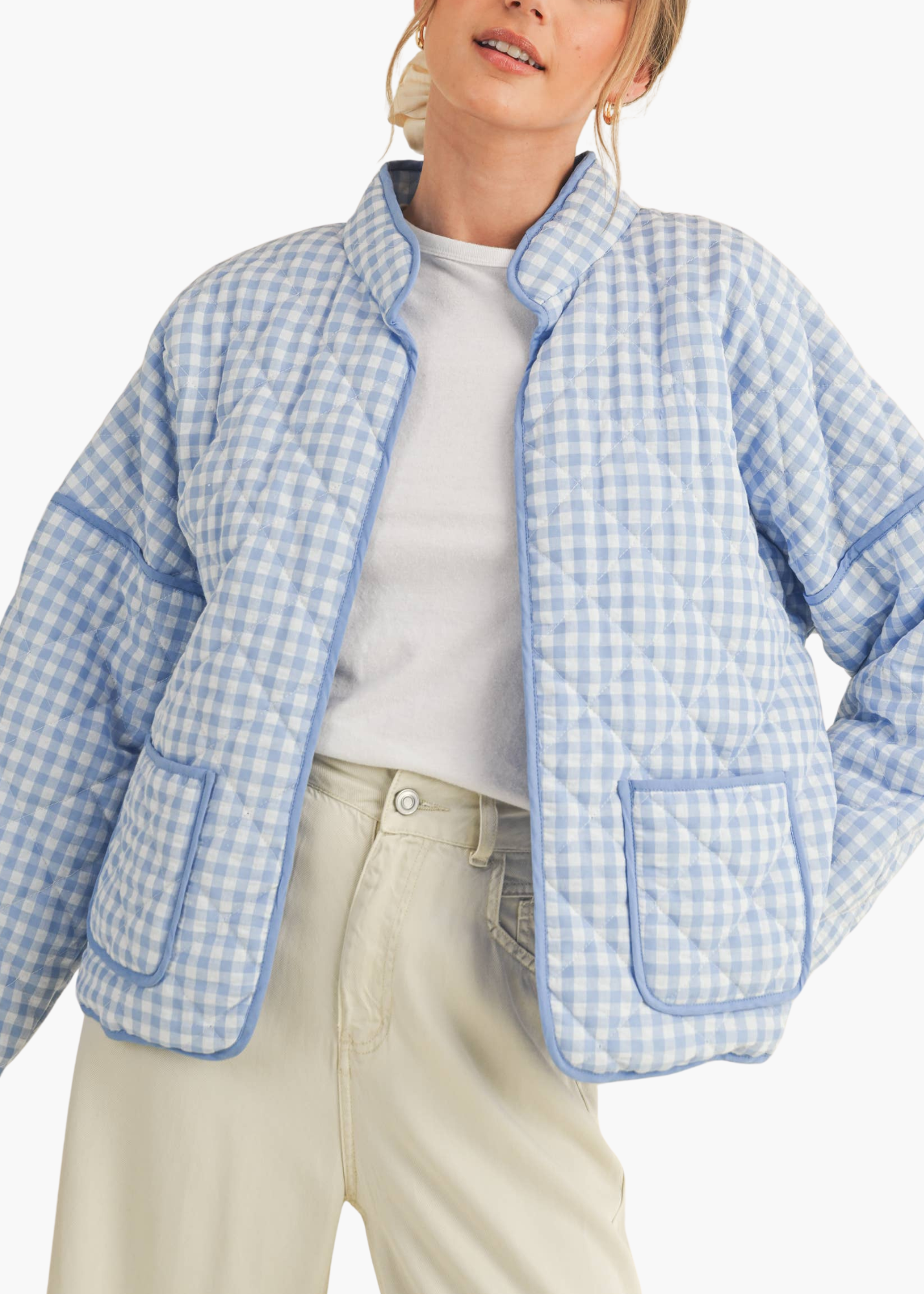 Macy Quilted Plaid Puff Jacket in Sky