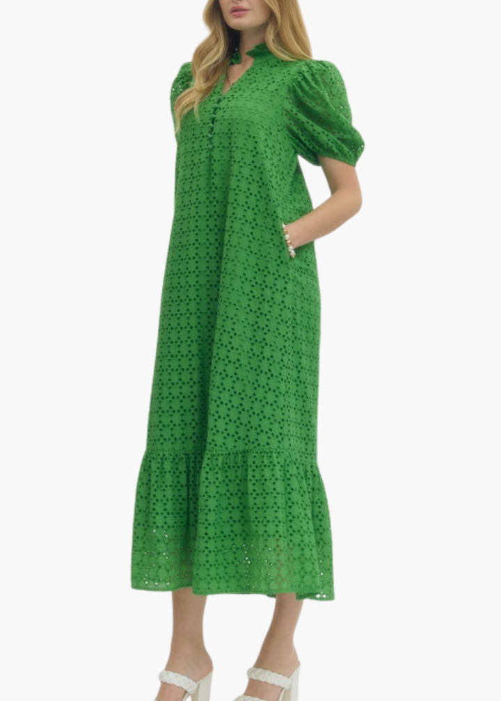 Laura Midi Dress in Green Eyelet