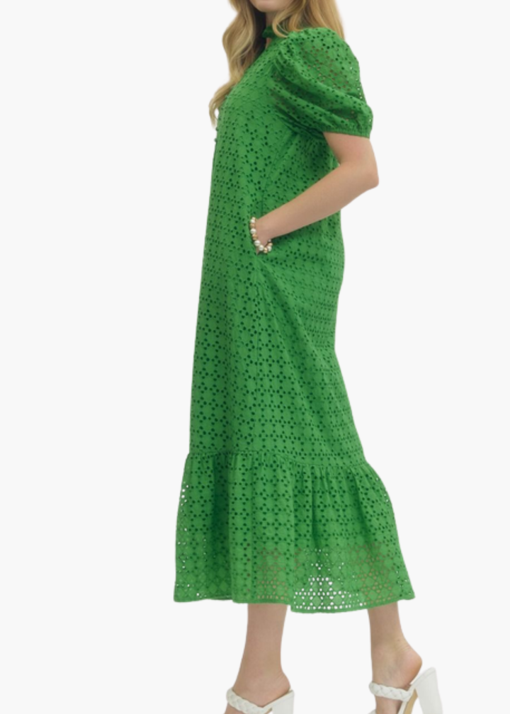 Laura Midi Dress in Green Eyelet