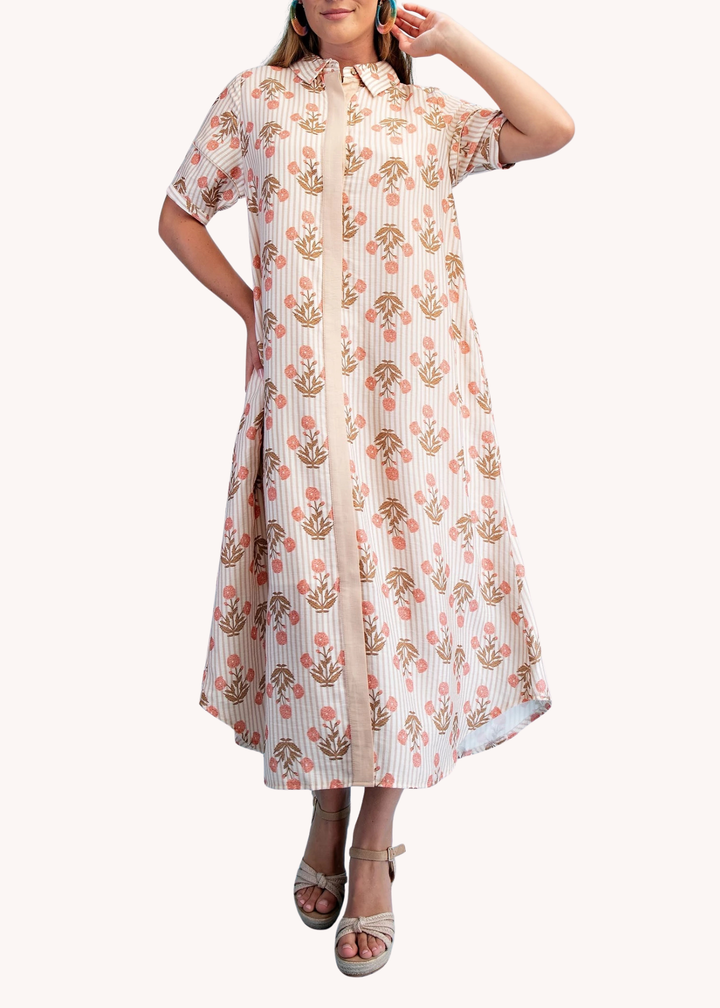Madeline Block Print Midi Dress in Latte
