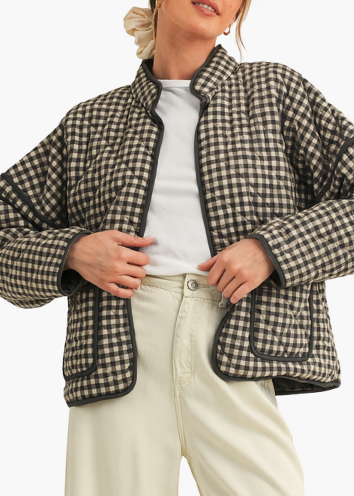 Macy Quilted Plaid Puff Jacket in Black