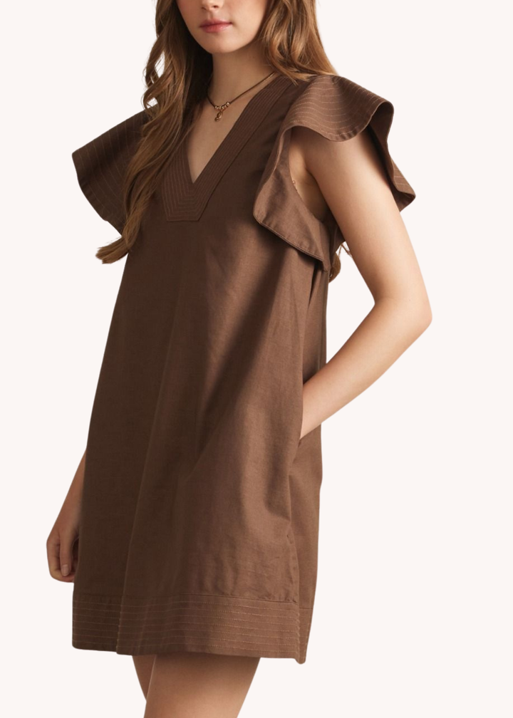 Lola Flutter Sleeve Dress in Brown