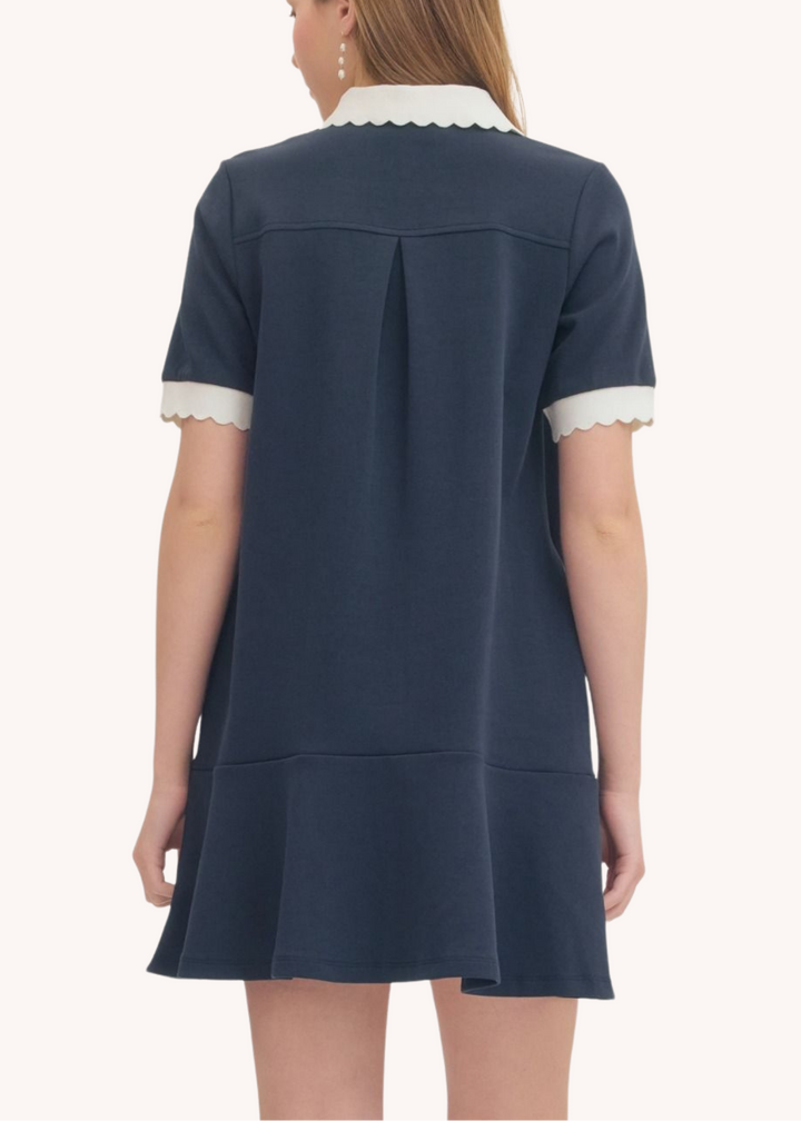 Celia Scalloped Cotton Mini Dress in Navy