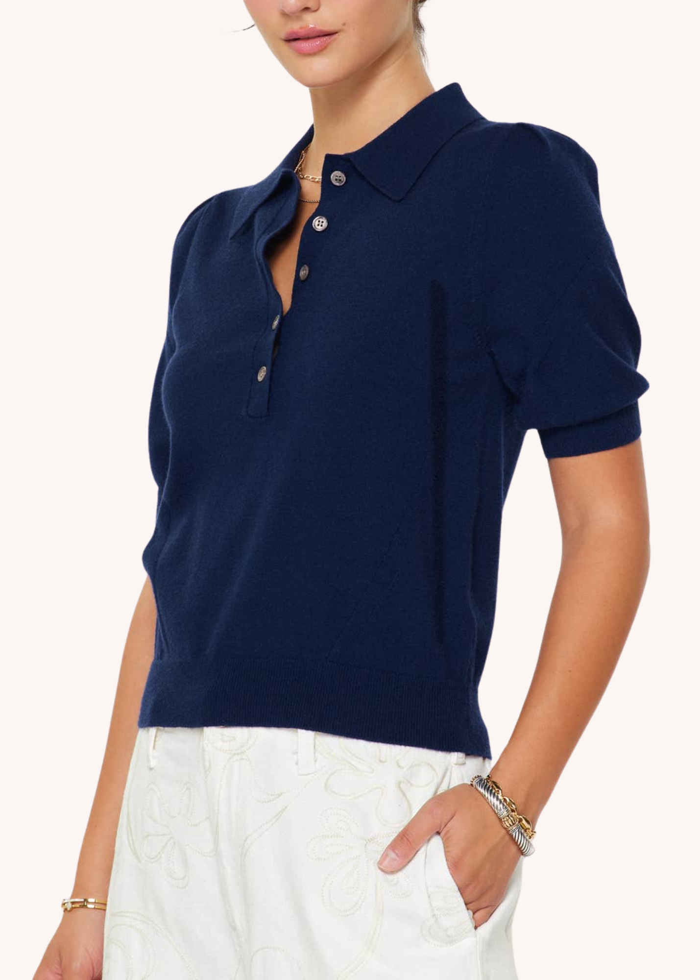 Short Sleeve Knit Polo Top in Navy