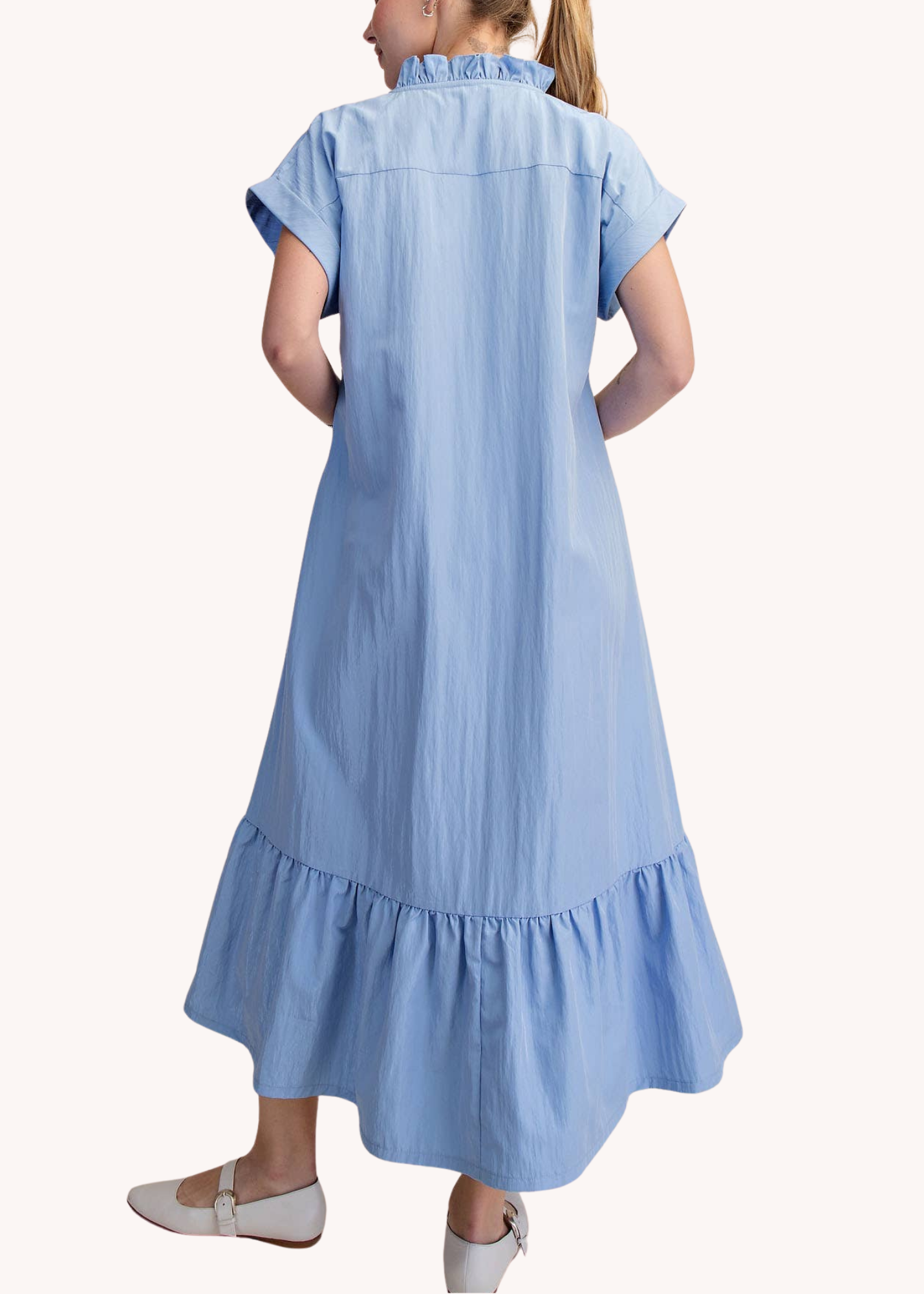 Ruffle Neck Relaxed Midi Dress in Light Blue