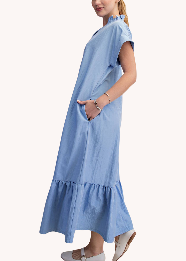 Ruffle Neck Relaxed Midi Dress in Light Blue