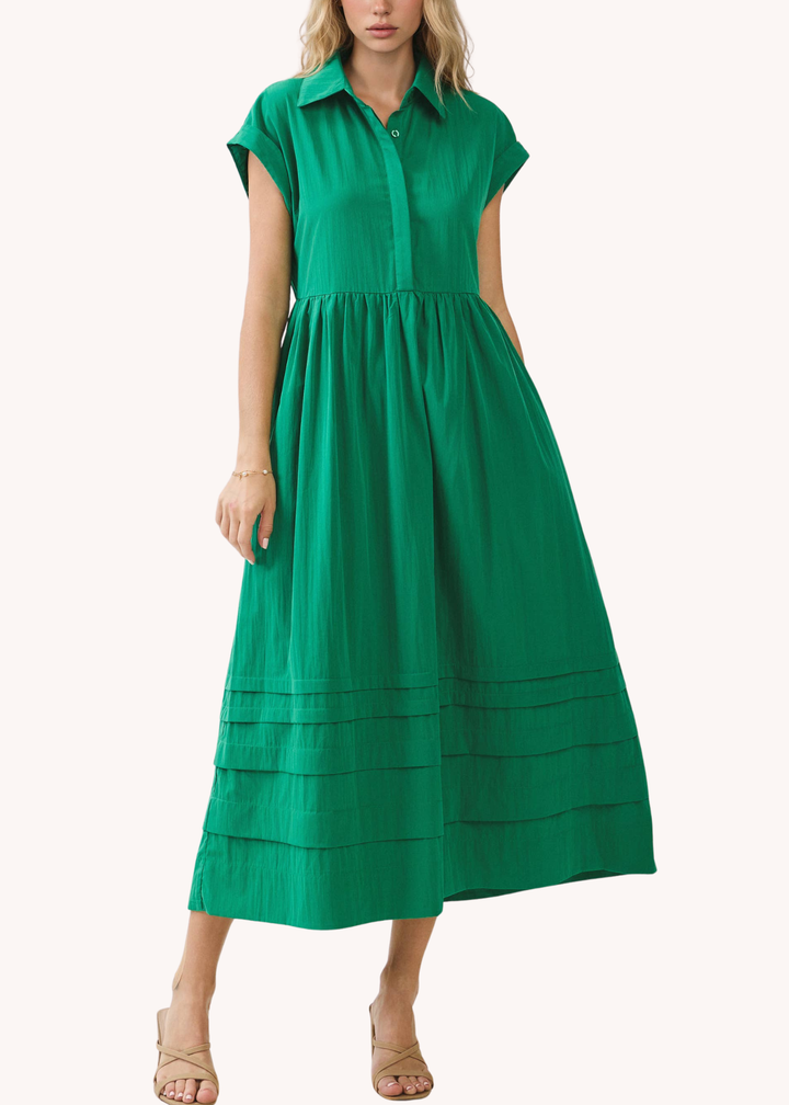 Grace Pleated Midi Shirt Dress in Green