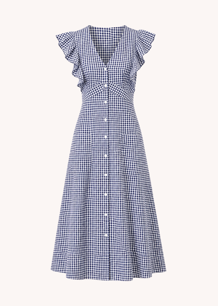 Marie Cotton Midi Dress in Navy Gingham