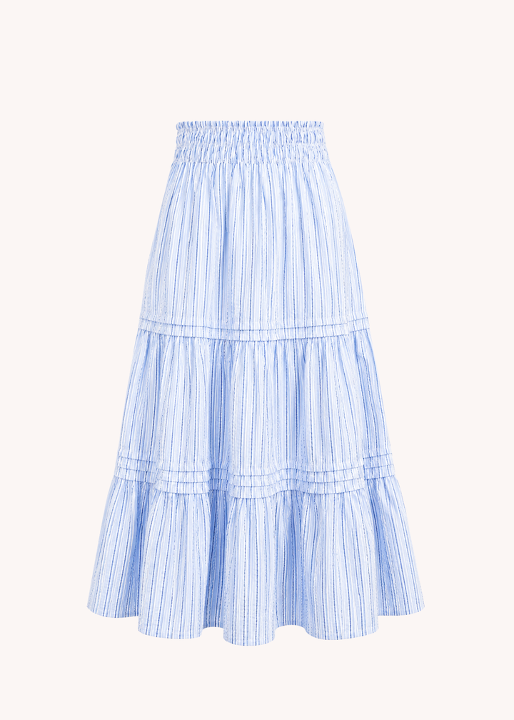 Smocked Waist Tiered Long Skirt in Light Blue Stripe