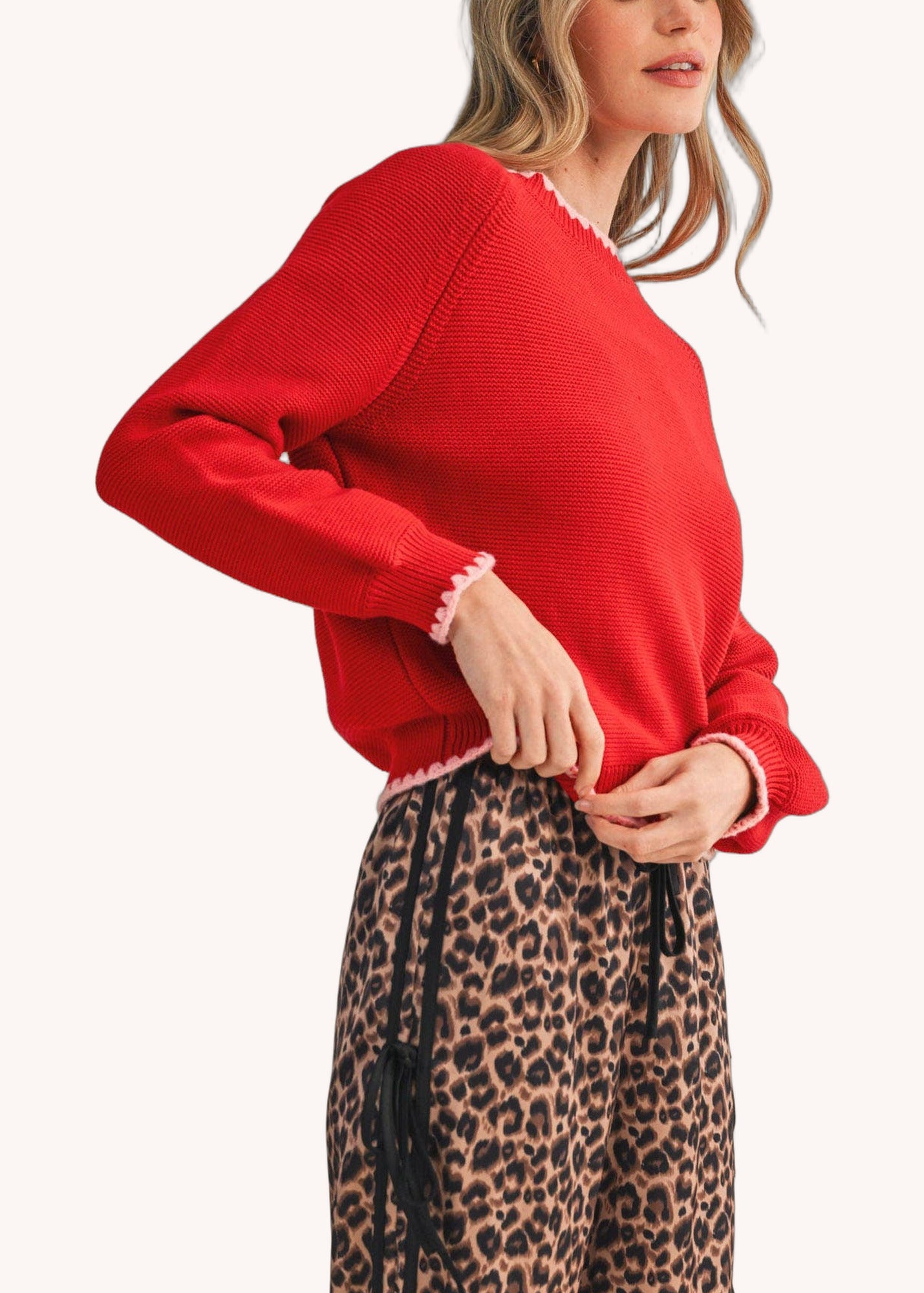 Long Puff Sleeve Sweater With Contrast Stitch in Red Pink
