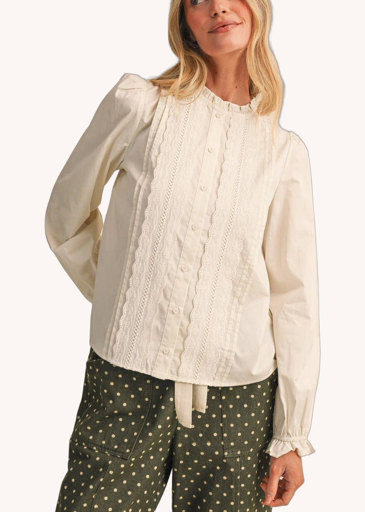 Pin Tuck Lace Trim Button Down Top in Off White