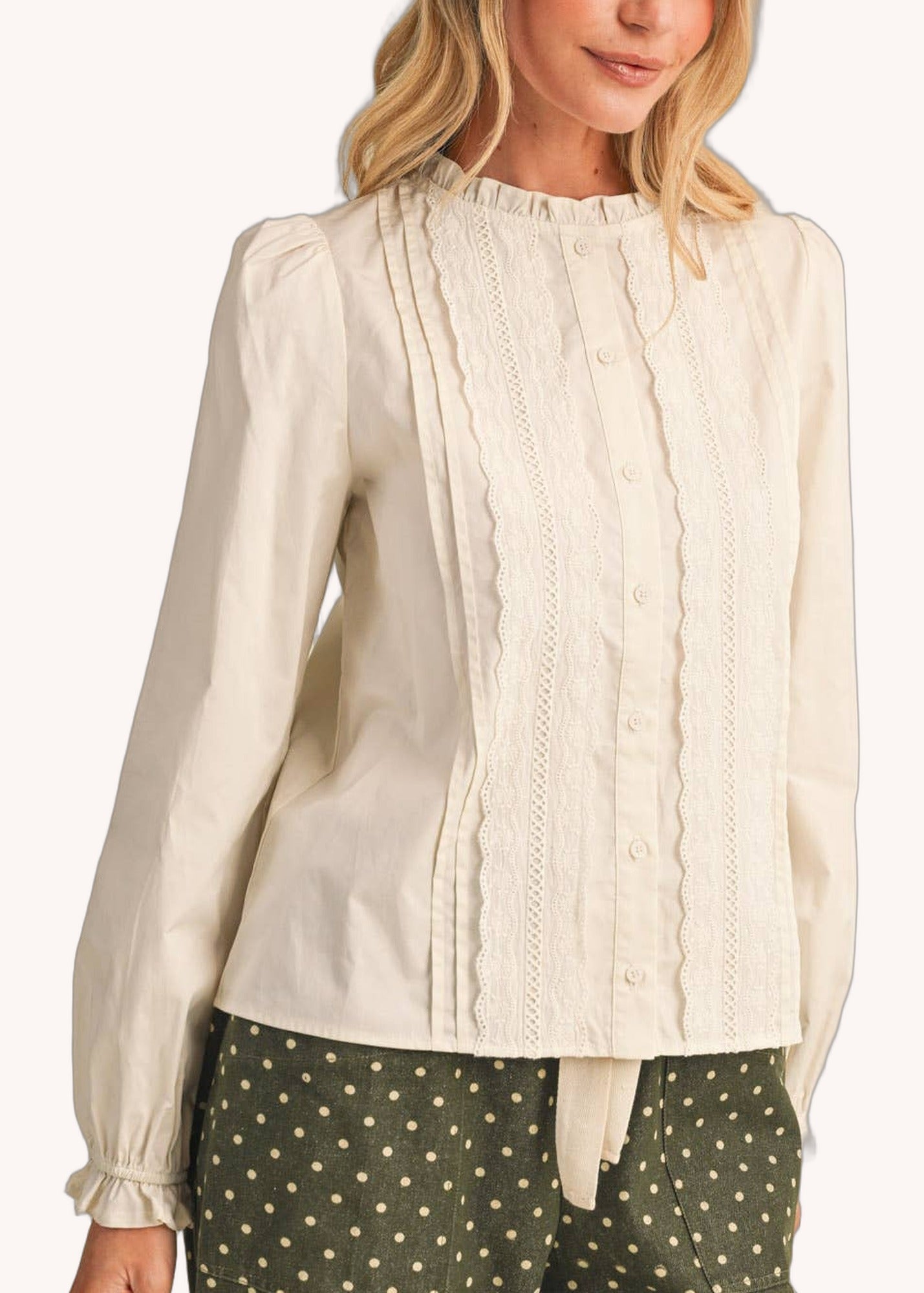 Pin Tuck Lace Trim Button Down Top in Off White