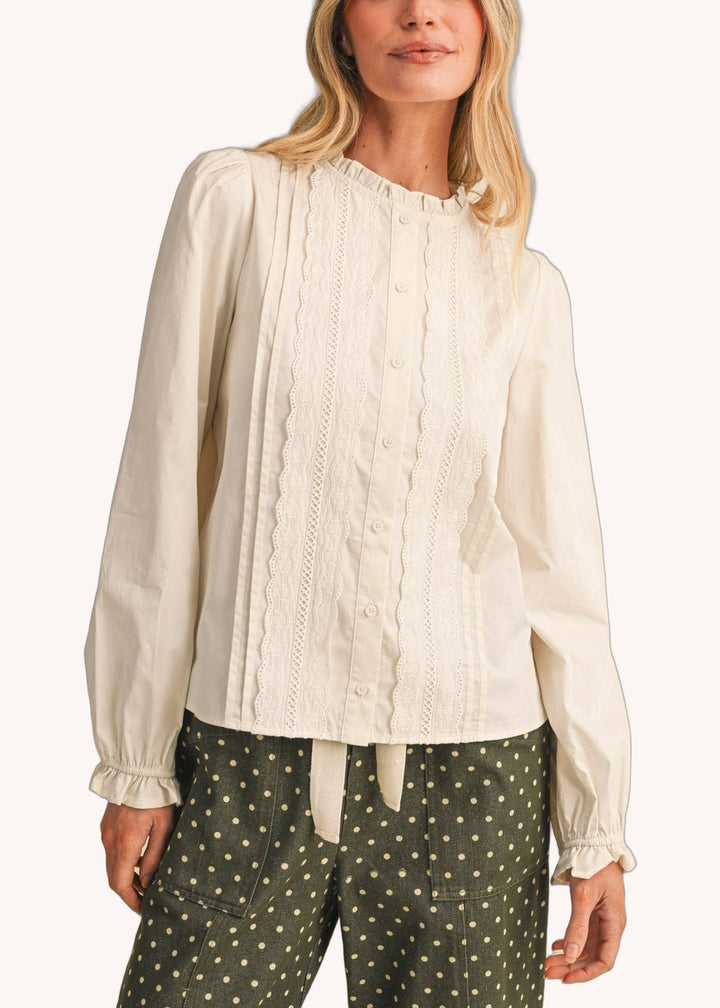 Pin Tuck Lace Trim Button Down Top in Off White