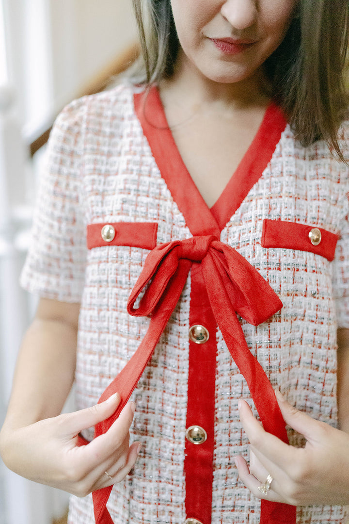 Bow Tweed Mini Dress in Red