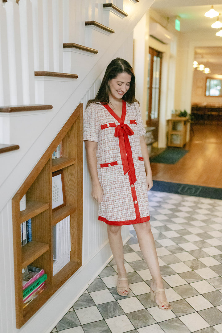 Bow Tweed Mini Dress in Red