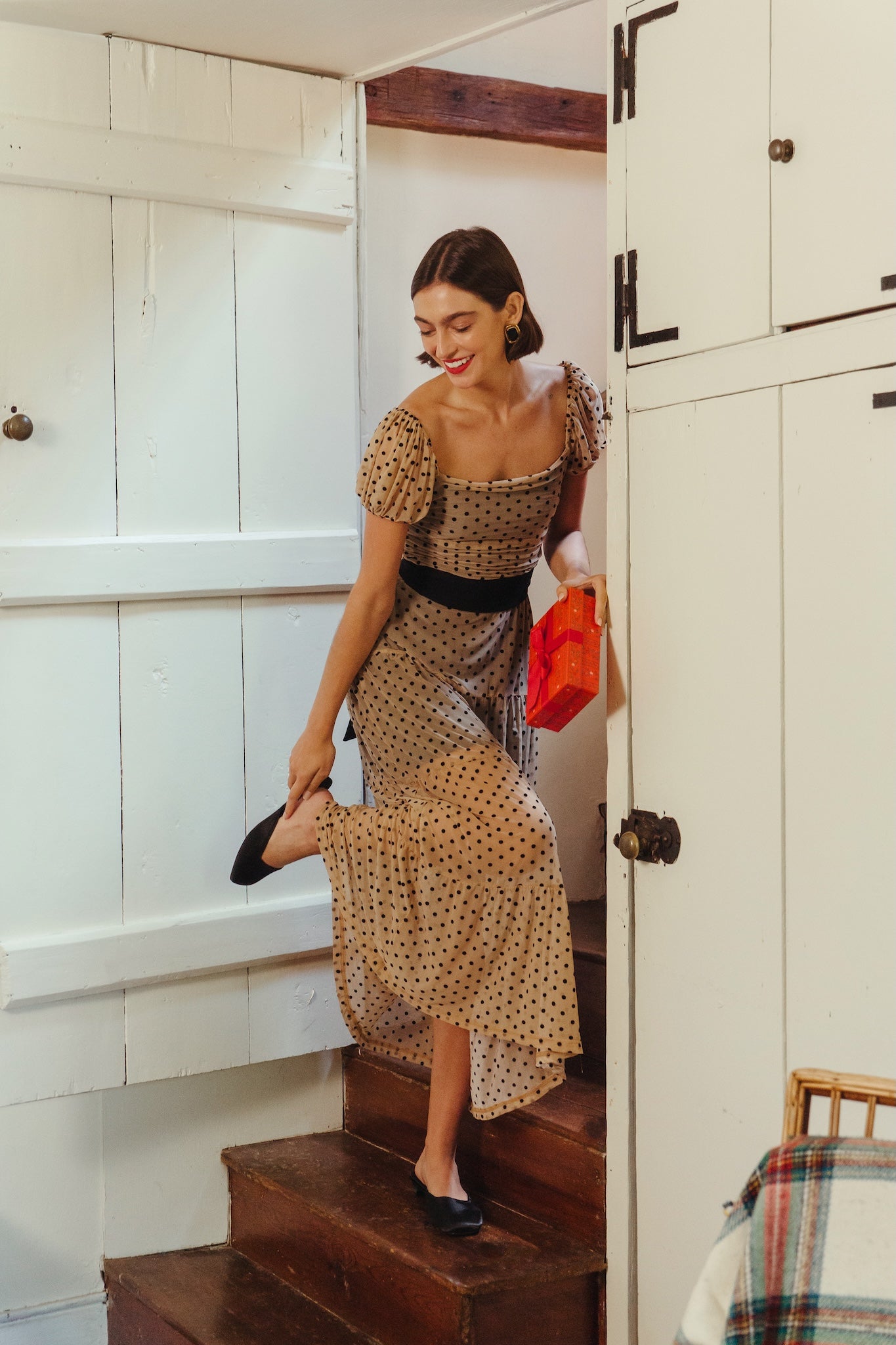 Delphine Dress in Nude/Black Dot