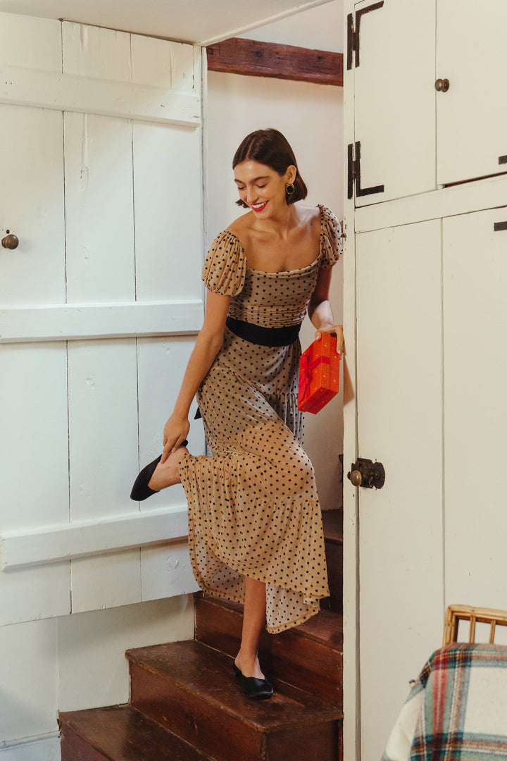 Delphine Dress in Nude/Black Dot