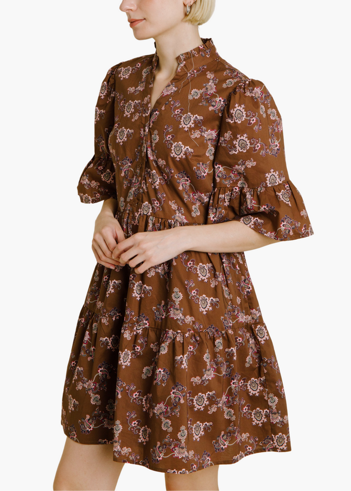 Hannah Tiered Mini Dress in Brown