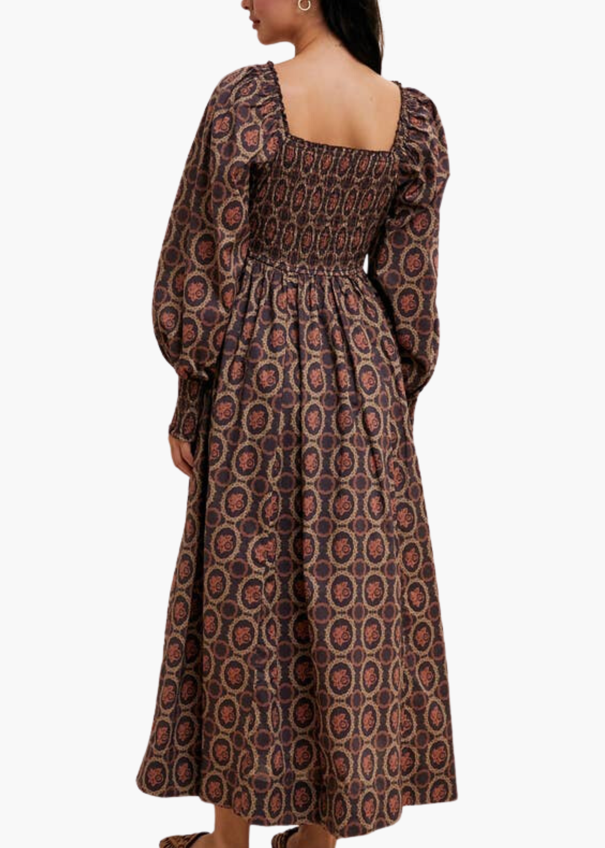 Smocked Square Neck Maxi Dress in Umber