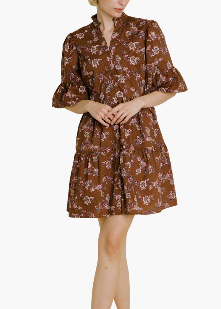 Hannah Tiered Mini Dress in Brown