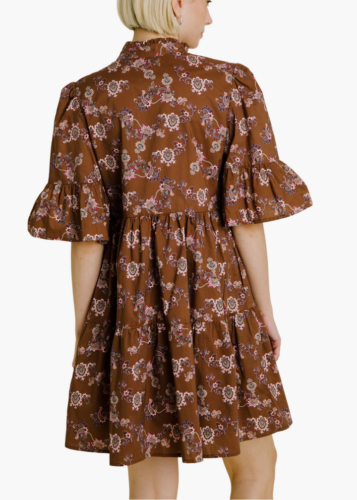 Hannah Tiered Mini Dress in Brown