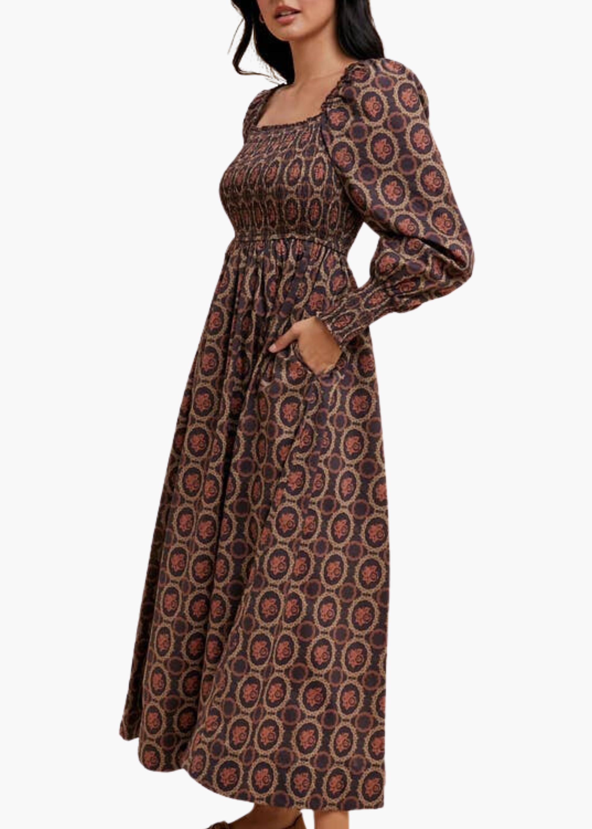 Smocked Square Neck Maxi Dress in Umber