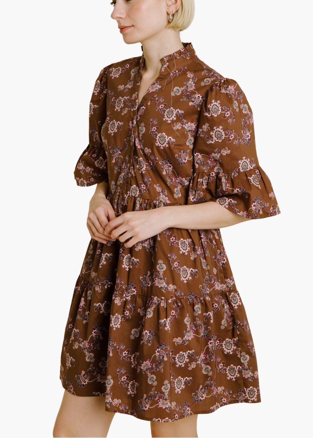 Hannah Tiered Mini Dress in Brown