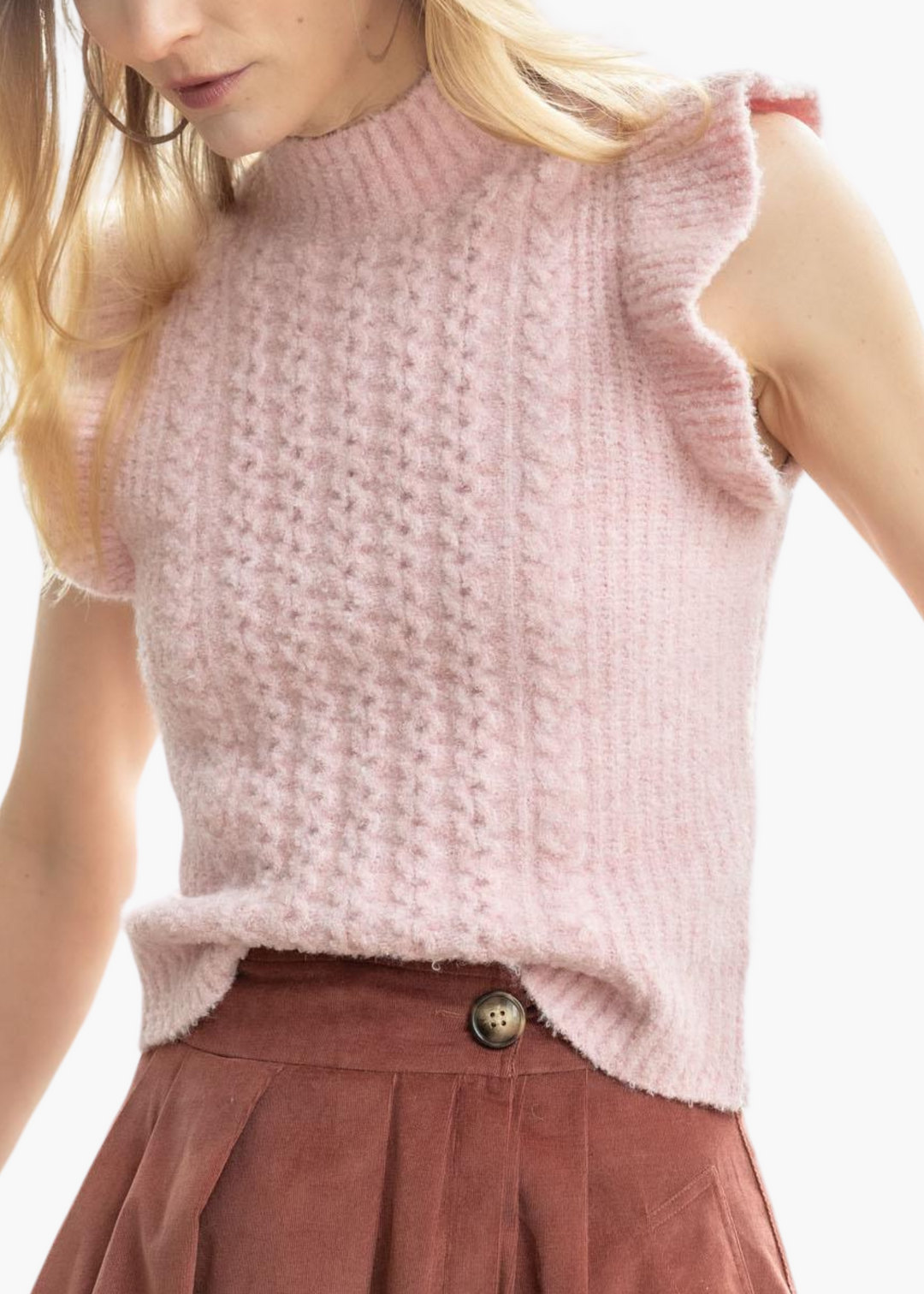 Flutter Sleeve Mock Neck Sweater in Peony