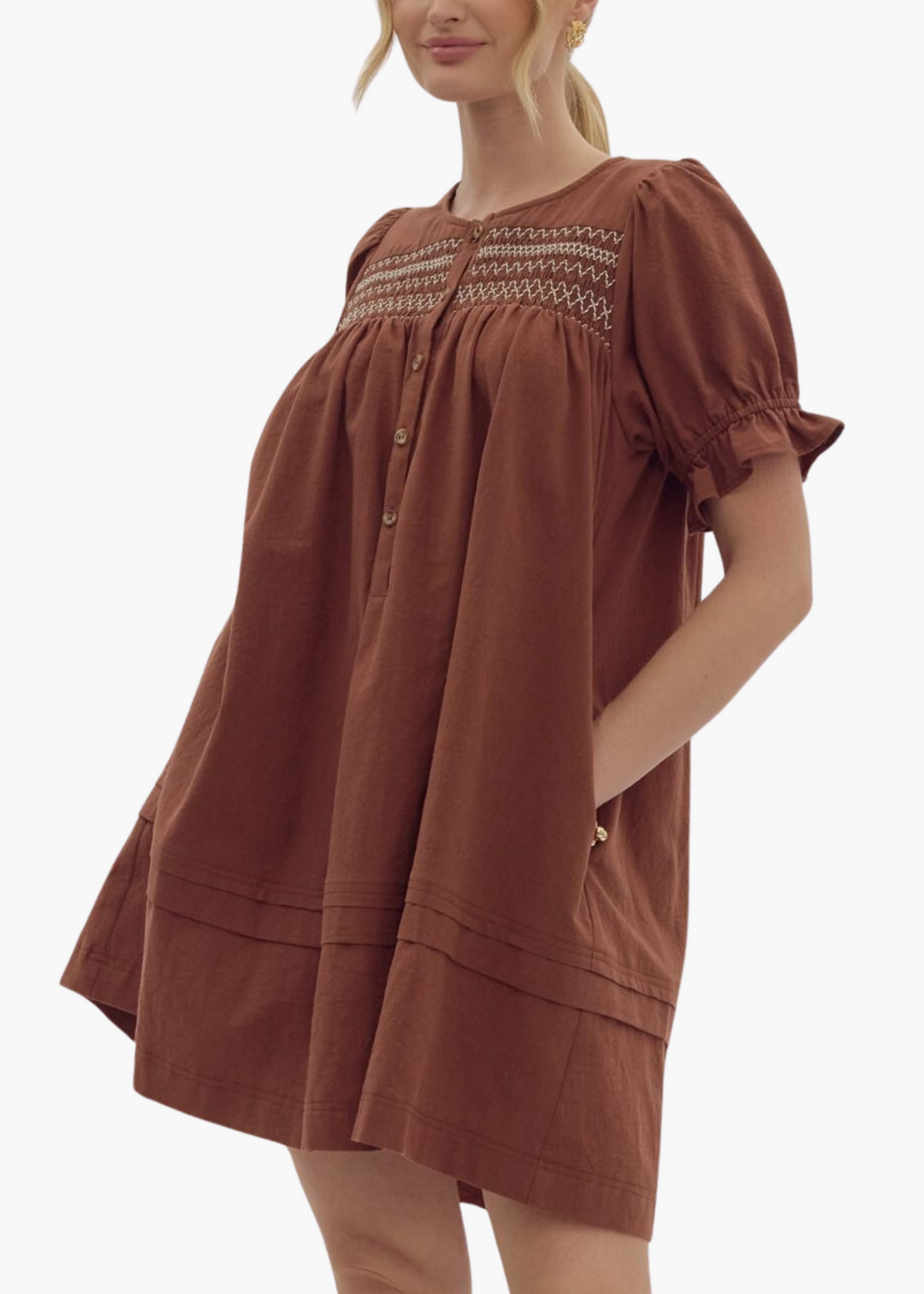 Ellen Smocked Mini Dress in Brown