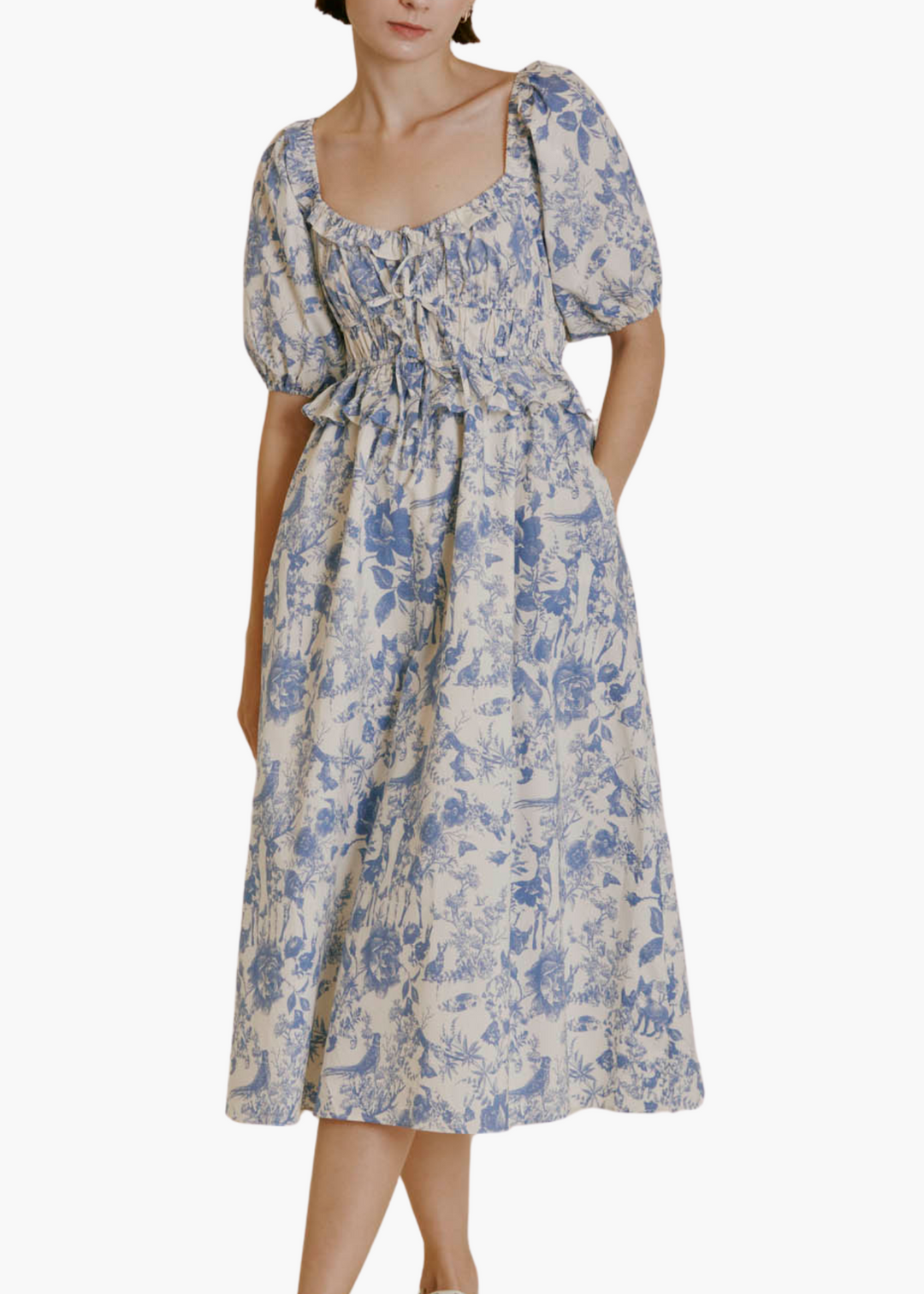 Toile Print Midi Dress in Blue