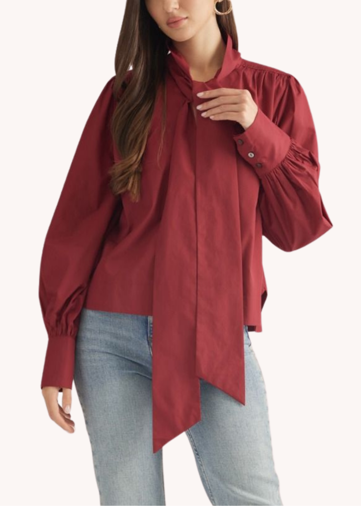 Dylan Cotton Neck Tie Top in Burgundy