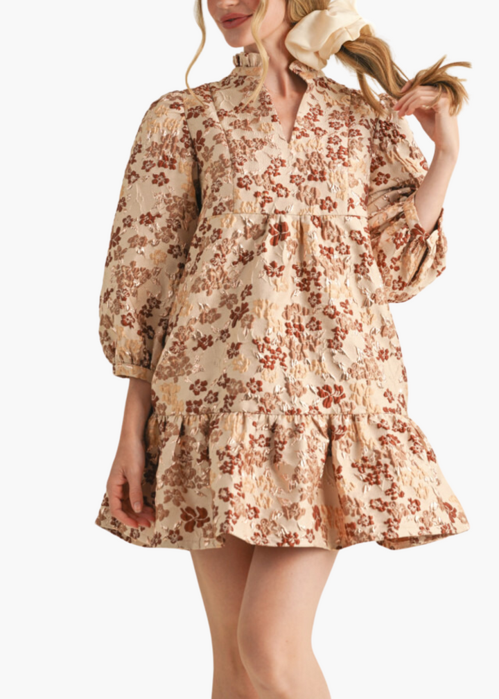 Jill Jacquard Mini Dress in Taupe Gold