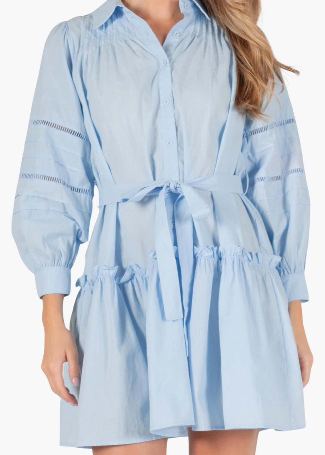 Harriet Poplin Eyelet Mini Dress in Powder Blue