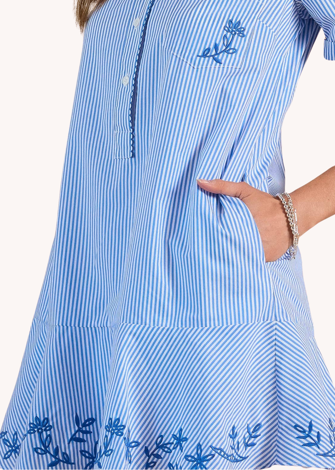 Striped Embroidered Mini Shirt Dress