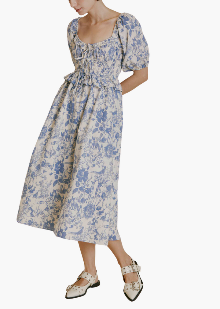 Toile Print Midi Dress in Blue