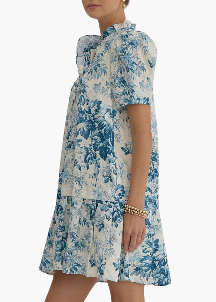 Edith Peplum Mini Dress in Teal Floral Toile