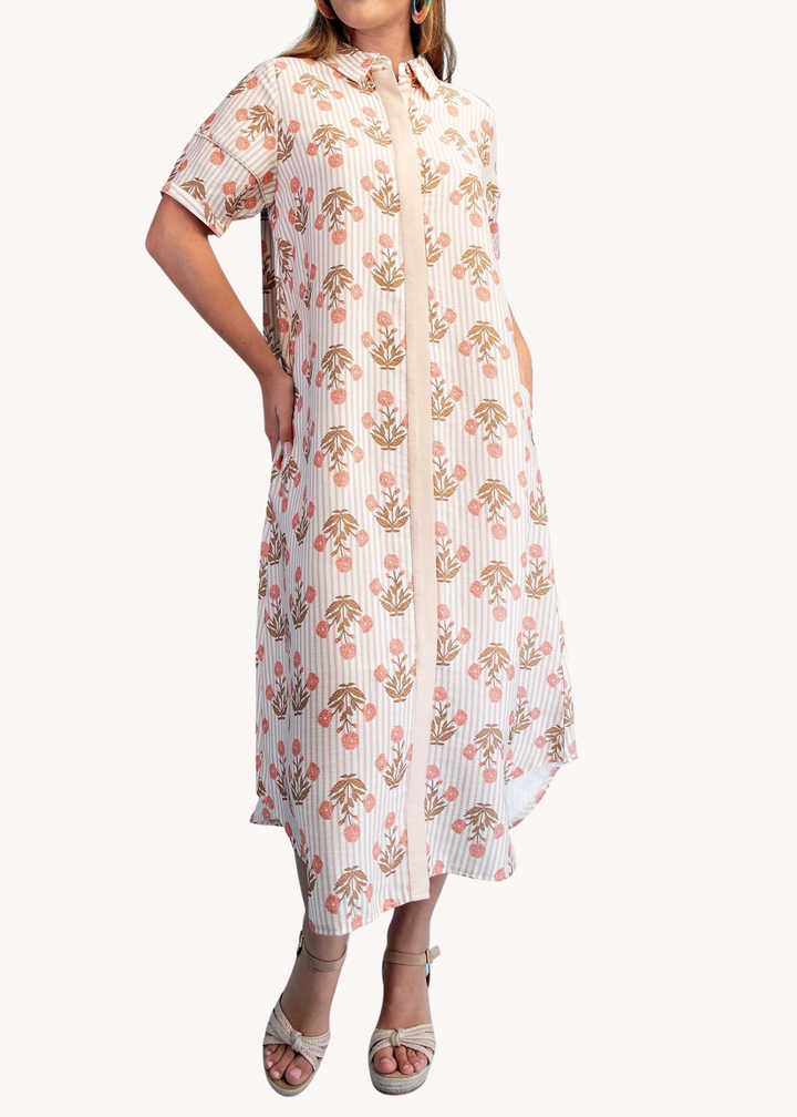 Madeline Block Print Midi Dress in Latte