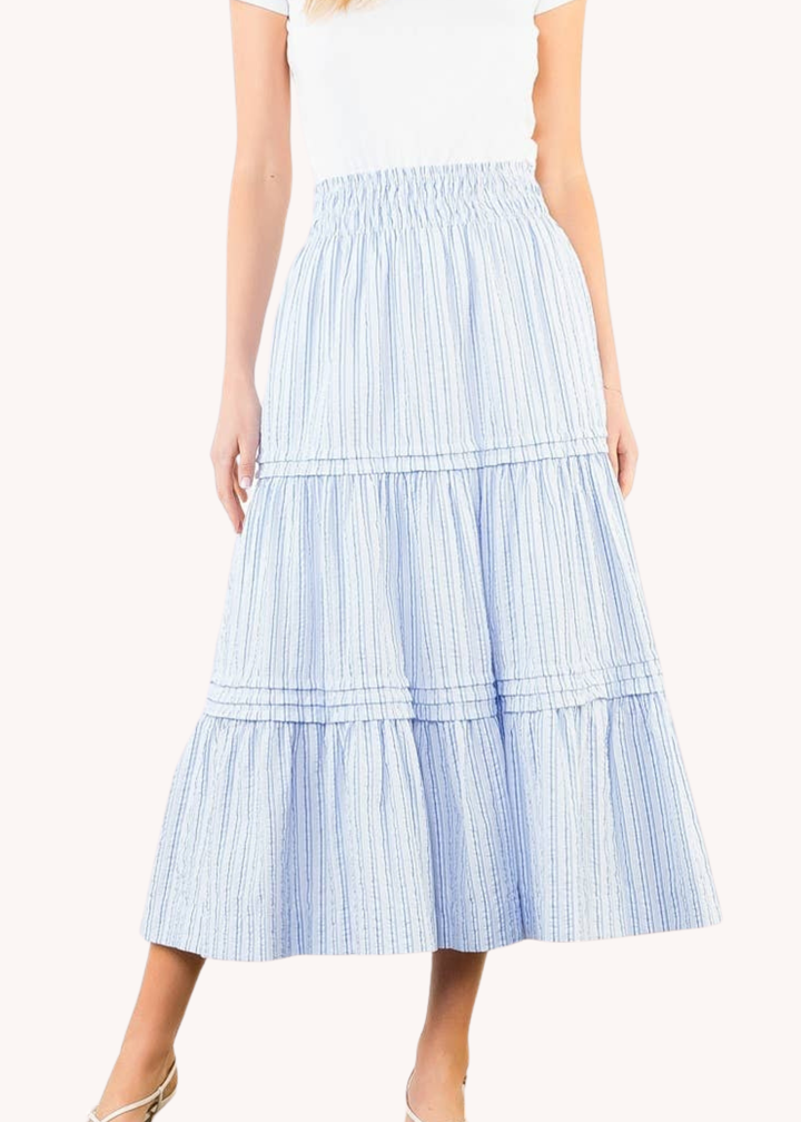 Smocked Waist Tiered Long Skirt in Light Blue Stripe