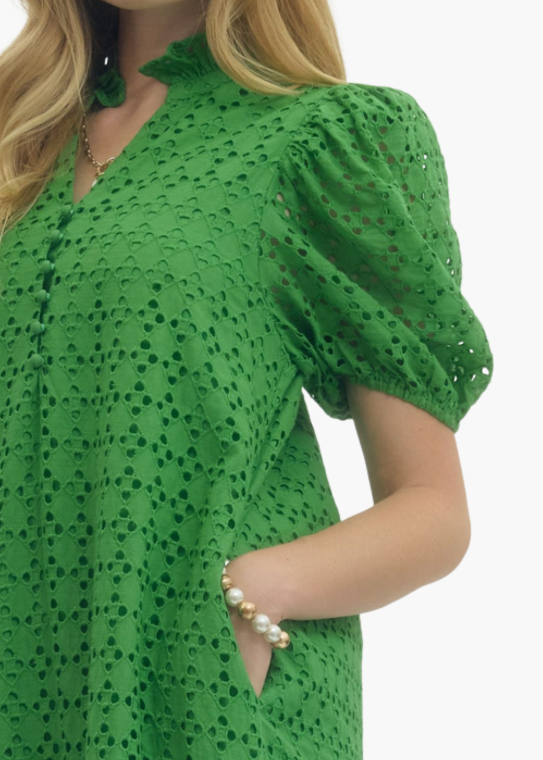 Laura Midi Dress in Green Eyelet L Laura Midi Dress in Green Eyelet L