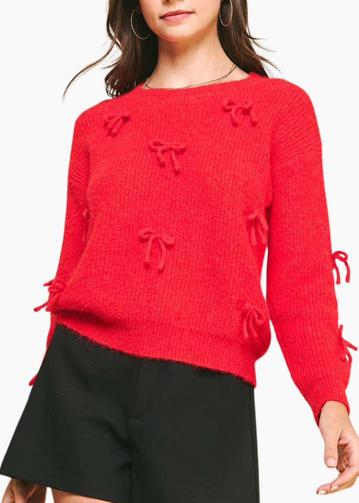 Ribbon Embellishment Sweater Top in Red