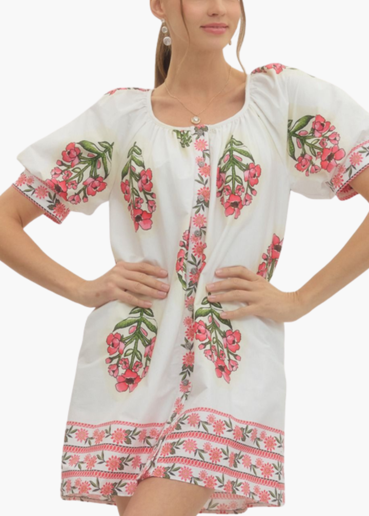 Sarah Blockprint Mini Dress in Cream