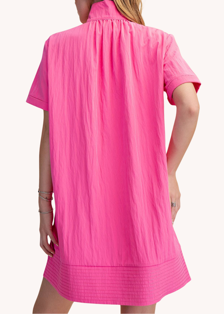 Chloe Stand Collar Mini Shirt Dress in Pink