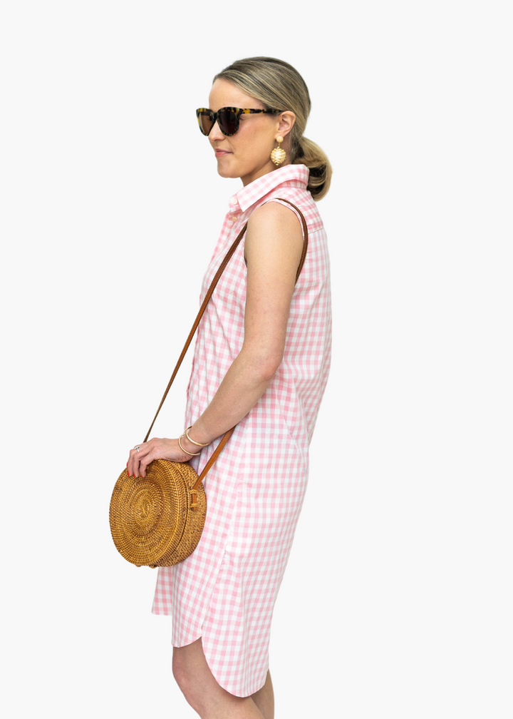 Gingham Sleeveless Shirt Dress | Pink