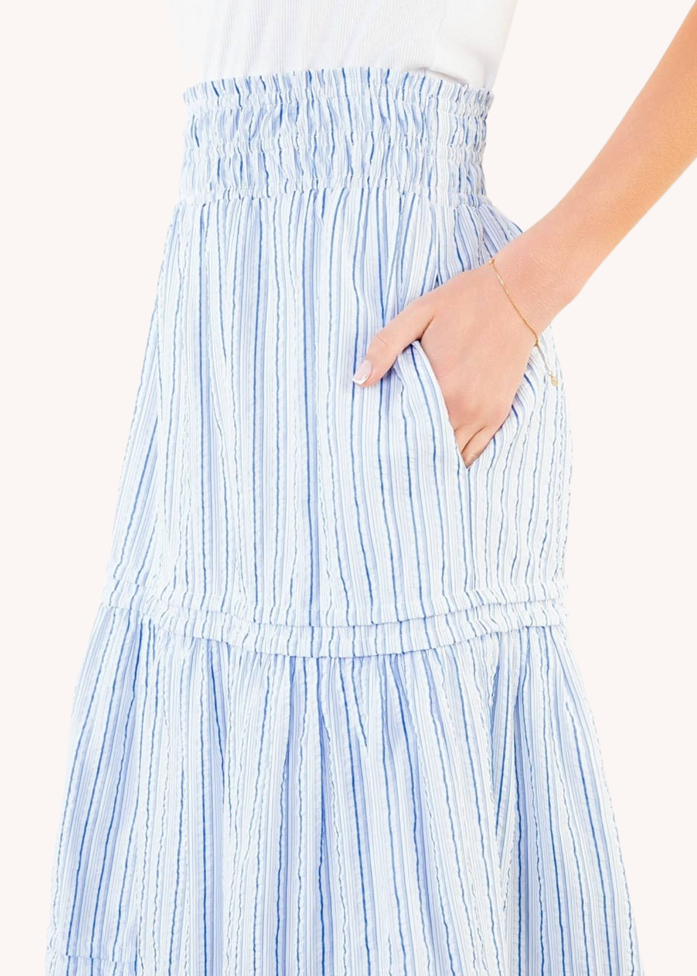 Smocked Waist Tiered Long Skirt in Light Blue Stripe