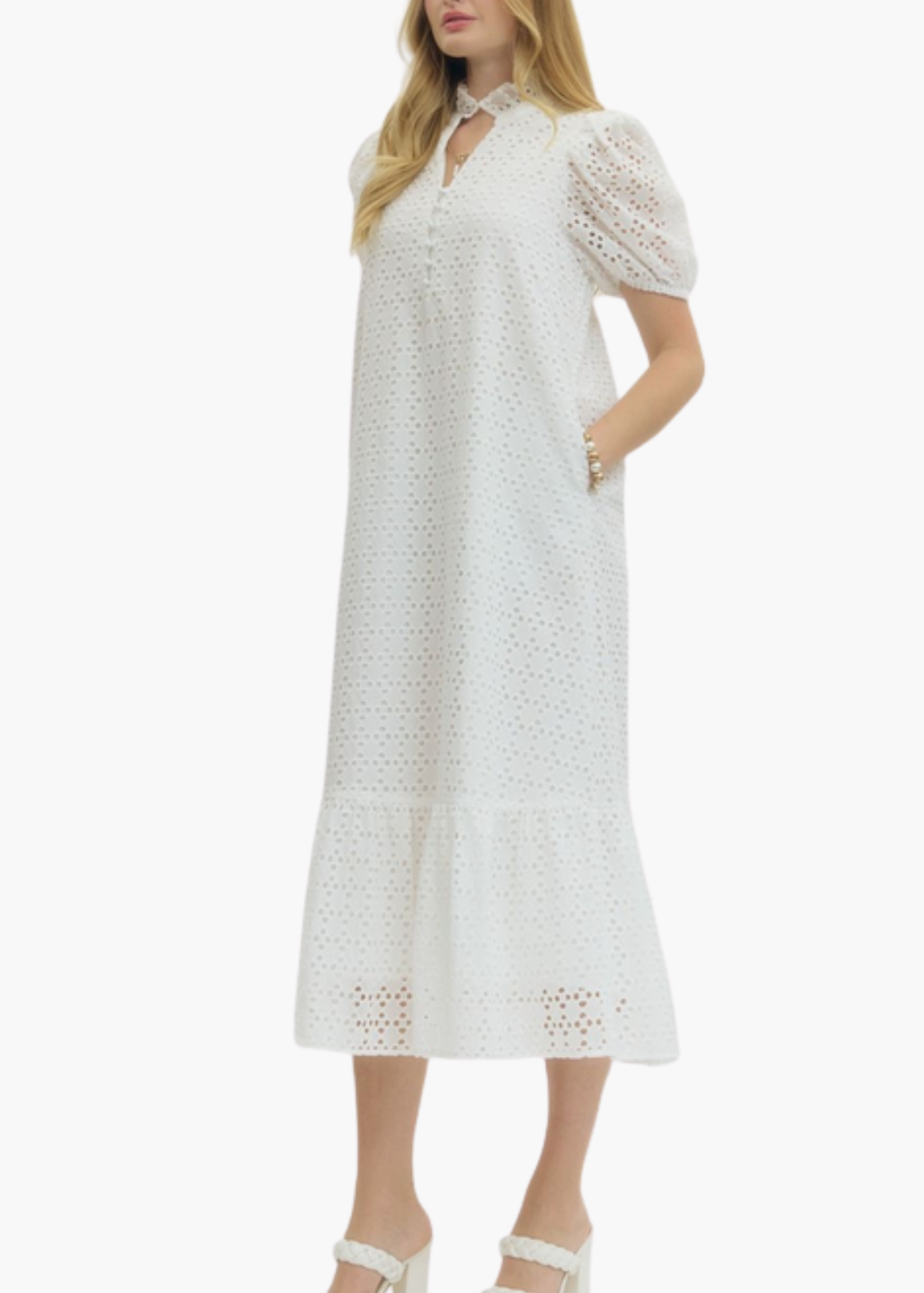 Laura Midi Dress in White Eyelet