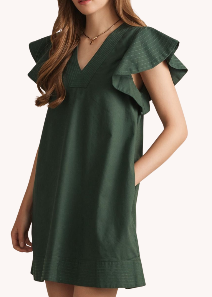 Lola Flutter Sleeve Dress in Hunter Green