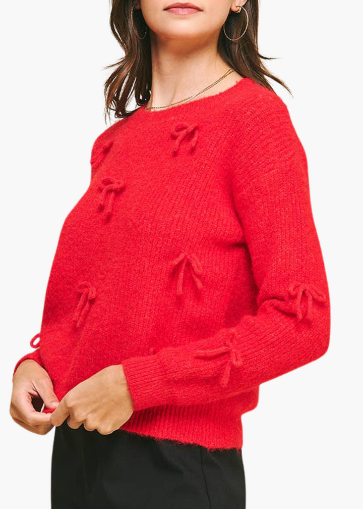 Ribbon Embellishment Sweater Top in Red