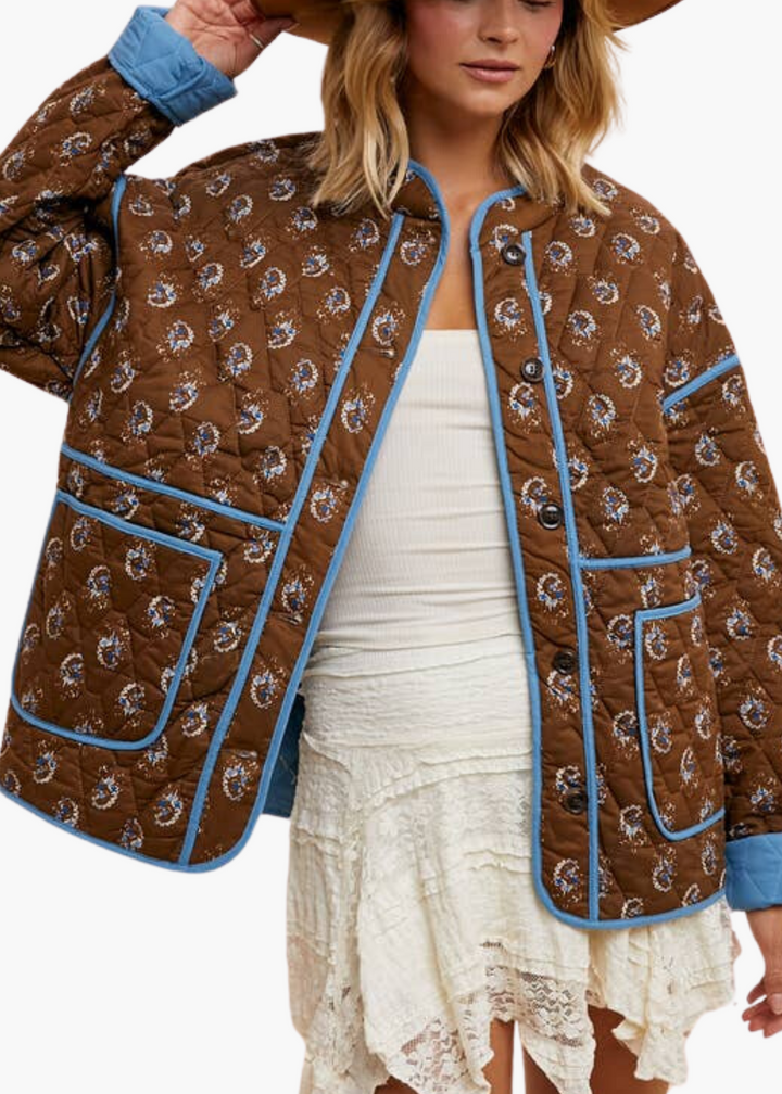 Floral Quilted Puffer Jacket in Mocha